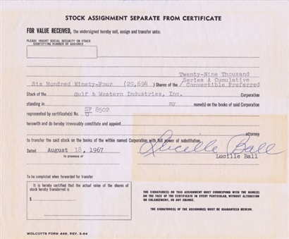 Lucille Ball Signed 1967 Stock Certificate